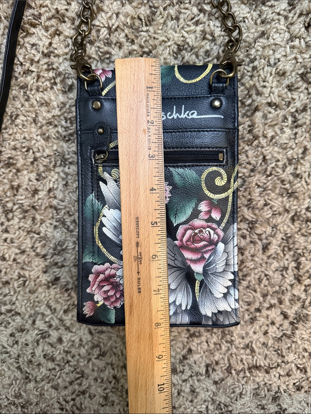 Anuschka Hand-Painted Black Crossbody with Pink Floral Guardian Angel - Picture 3 of 4